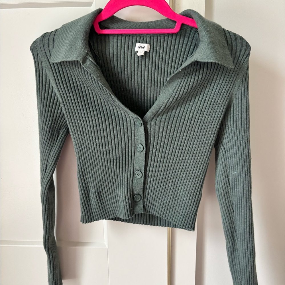 Ribbed Green Cropped Cardigan